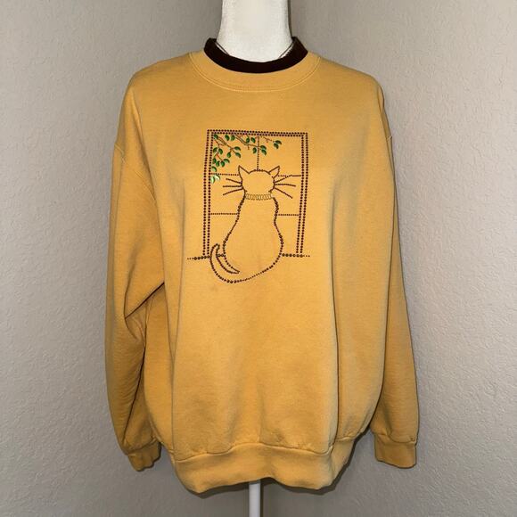 Vintage Yellow Crewneck Sweater Cat in Windowsill Grandma Core Women's Large XL - Picture 1 of 11